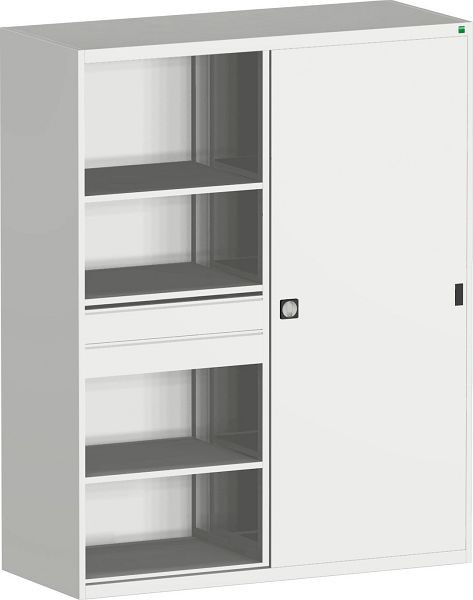 bott cubio Schiebetürenschrank bestückt Trennwand, 4 Schubladen, 7 Fachböden BxTxH: 1600 x 650 x 2000 mm, RAL 7035, 40023015.16V