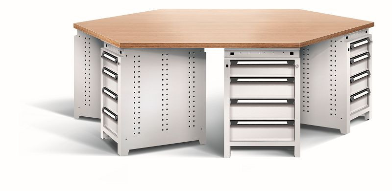 Otto Kind team-work Arbeitsplatz function, mit 6 Unterbauten Typ 107, Schubladen, Multiplexplatte 6-eckig, komplett RAL 7035, 074428017
