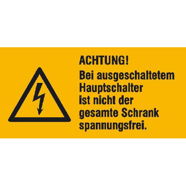 Stein HGS Elektrokennzeichnung/Warnkombischild, ACHTUNG! Bei ausgeschaltetem Hauptschalter, 131 x 65 mm / Folie, selbstklebend, 21.1477