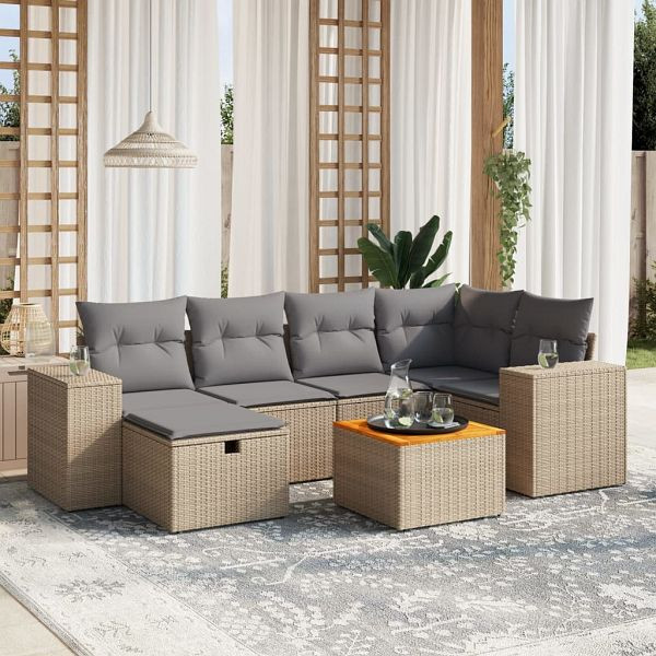 vidaXL 7-tlg. Garten-Sofagarnitur mit Kissen Beige Poly Rattan, 3265175
