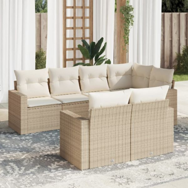 vidaXL 7-tlg. Garten-Sofagarnitur mit Kissen Beige Poly Rattan, 3219198