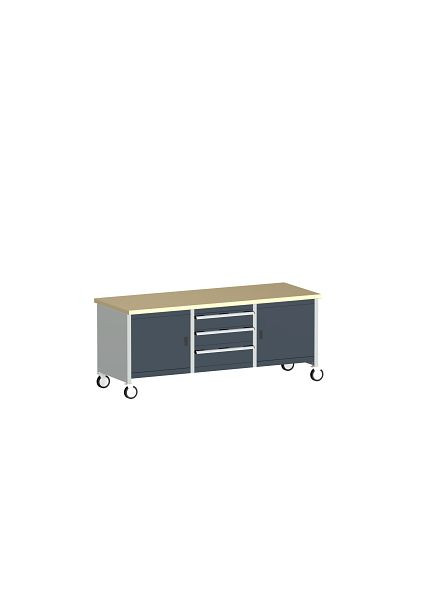 bott cubio Kastenwerkbank mobil 3 Schubladen 2 Türen, 2 Ablagen, Rotbuche-Arbeitsplatte BxTxH: 2000 x 750 x 840 mm, RAL 7035/3004, 41002125.24V
