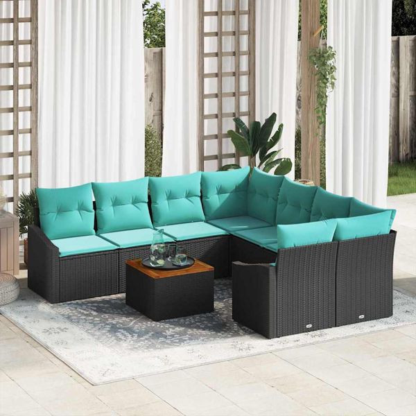 vidaXL Gartensofa-Set mit Kissen 9-teilig Schwarz Poly-Rattan, 3347816