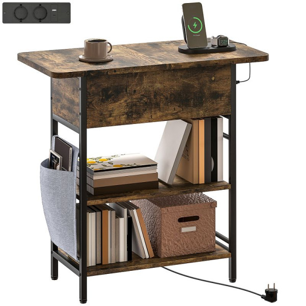 HOMCOM Beistelltisch Nachttisch mit Steckdosenleiste, 2 Ebenen, USB-Anschlüssen Stauraum 60 x 29,8 x 58,5 cm, 83B-392V90RB
