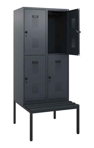 C+P Doppelstöckiger Spind Evolo PLUS, Bank, 4 Fächer, 1950x800x815mm, 7016/7016, Drehriegel, Sitzfläche Kunststoff, Sitzbank, 0493505-22 S10112
