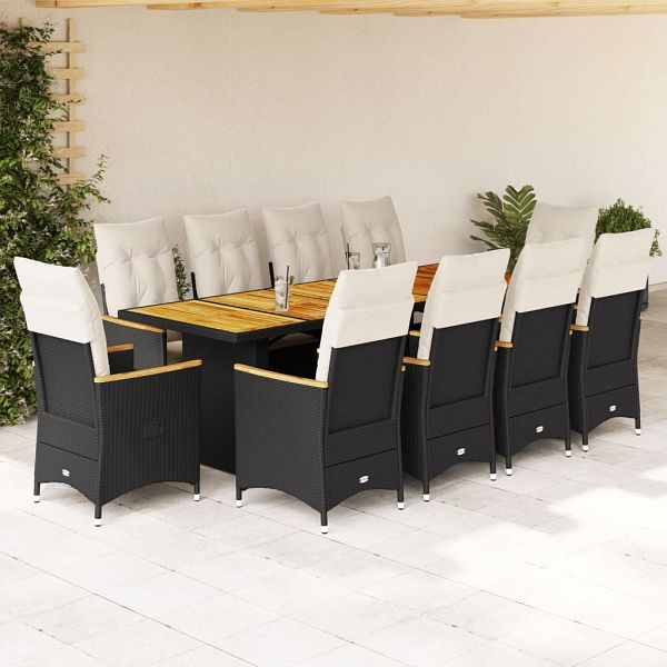 vidaXL 11-tlg. Garten-Bistro-Set mit Kissen Schwarz Poly Rattan, 3277250