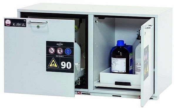 asecos Kombi-Sicherheitsschrank K-UB-90, K90.060.110.050.UB.ST in lichtgrau RAL 7035 mit 1x Schubladenwanne STAWA-R (Stahlblech), 30358-001-30359