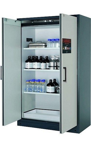 asecos Sicherheitsschrank Q-CLASSIC-90, Q90.195.120.FU.WDC in lichtgrau RAL 7035 mit 3x Fachboden (Stahlblech), 34632-041-34759