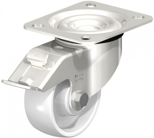 Blickle LEX-PO 80XR-FI Edelstahl-Lenkrolle mit Anschraubplatte & Feststeller, Polyamid, Weiß, 606905