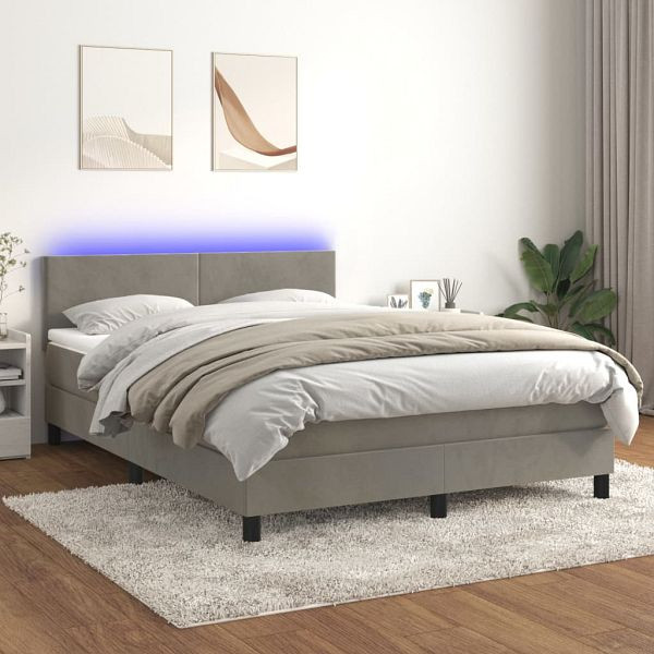 vidaXL Boxspringbett mit Matratze & LED Hellgrau 140x200 cm Samt, 3134285