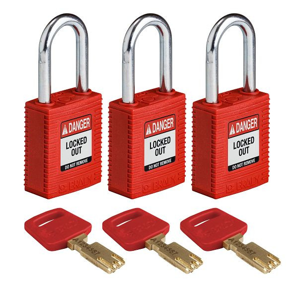 Brady Vorhängeschlösser SafeKey, Stahlbügel, lichte Bügelhöhe 38,10 mm, rot, VE: 3 Stück, 311879