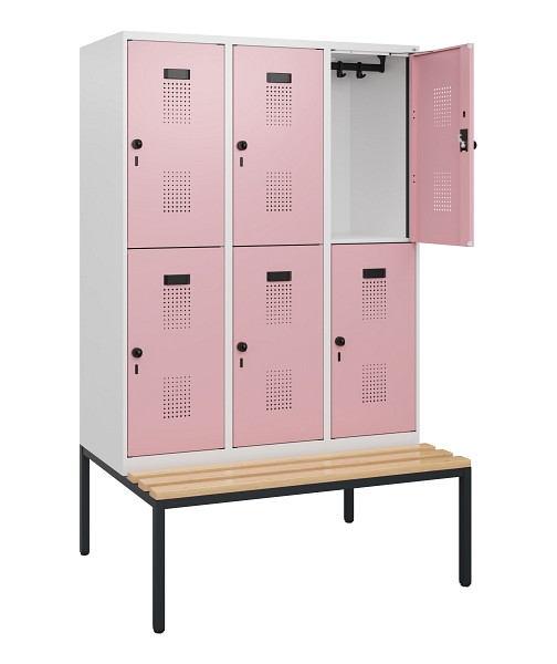 C+P Doppelstöckiger Spind Evolo PLUS, Bank, 6 Fächer, 1950x1200x815mm, 9016/3015, Drehriegel, Sitzfläche Buche-Hartholz, Sitzbank, 0493505-32 S10019