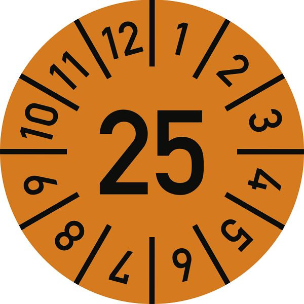 Moedel Prüfplakette Jahr 25 mit Monaten, orange, Folie, Ø 10 mm, VE: 10 Stück/Bogen, 103928