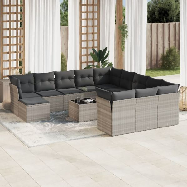 vidaXL 13-tlg. Garten-Sofagarnitur mit Kissen Hellgrau Poly Rattan, 3250481