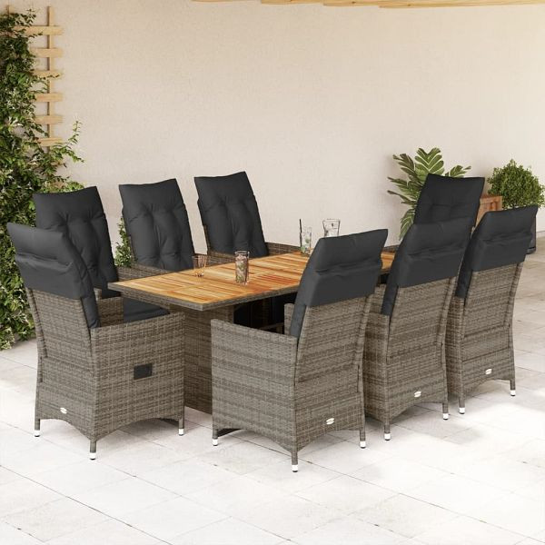 vidaXL 9-teilig Garten-Bistro-Set mit Kissen Grau Poly Rattan, 3276892