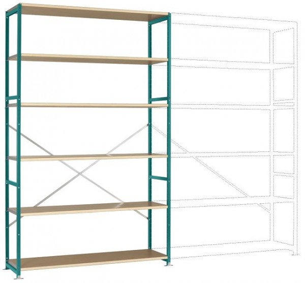 Manuflex Großfach-Steckregal Grundregal mit 6 Holzverbundböden, HxBxT = 2500 x 1530 x 500 mm, wasserblau, RP1342.5021