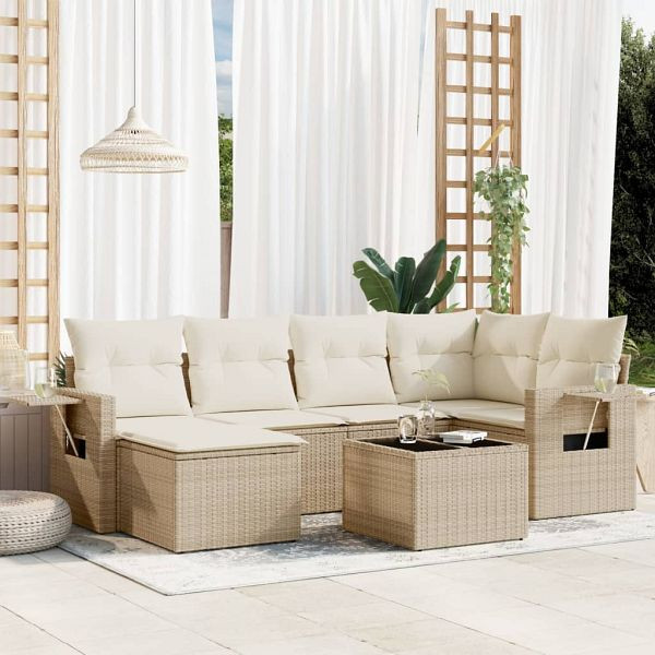vidaXL 7-teilig Garten-Sofagarnitur mit Kissen Beige Poly Rattan, 3252805