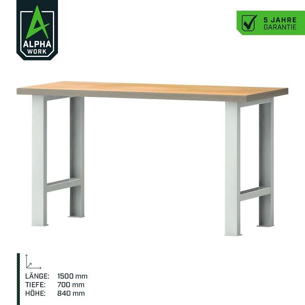 Alpha Work Reihenwerkbank Basic, 1500 x 840 x 700 mm, Lichtgrau, Buchen-Multiplexplatte, 07272