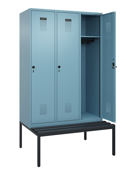 C+P Spind Evolo PLUS, 3 Abteile, 2120x1200x815mm, 0010/0010, Haken 4, Drehriegel, Sitzfläche Kunststoff, Sitzbank, 0490507-32 S10075