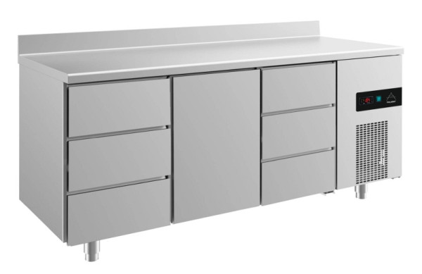 A&S Polarny Kühltisch -2 bis +8°C mit 1x Tür mittig und 2x drei Schubladen, 1865 x 700 x 850 mm, mit Aufkantung, KT3DTDA