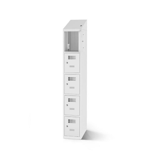 Rotstahl Fächerschrank, 5 Fächer, kurzer Sockel, mit Ladefunktion, Schrägdach, Korpus: lichtgrau, Türen: lichtgrau, 2180-010500-0301112-7035-7035