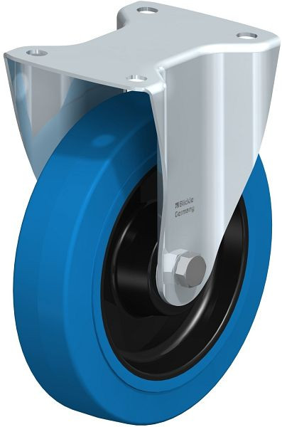 Blickle B-POEV 200K-SB Stahlblech-Bockrolle, mittelschwere Ausführung, mit Anschraubplatte, Elastik-Vollgummi, Blau, 618389