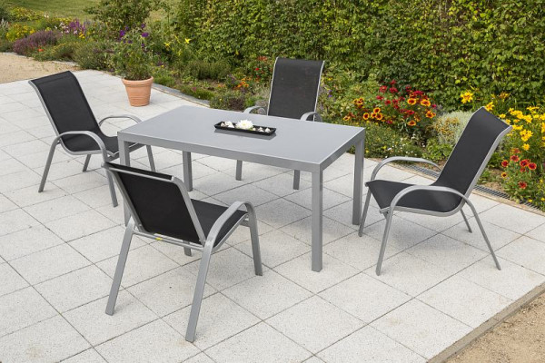 Merxx Amalfi Set 5-teilig, 4 Amalfi Stapelsessel, 1 Tisch 150 x 90 cm, graue Glasplatte, silber/schwarz, Aluminiumgestell mit Textilbespannung, 50342-317