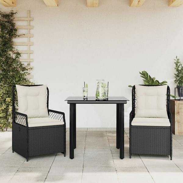 vidaXL 3-tlg. Garten-Essgruppe mit Kissen Schwarz Poly Rattan, UV-beständig, 3262964