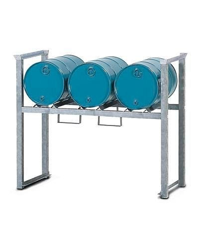 DENIOS Stapelregal ARL 5 aus Stahl, verzinkt, für 3 Fässer à 60 Liter, mit Auflageschienen, 182579
