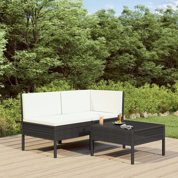 vidaXL 3-teilig Garten-Lounge-Set mit Auflagen Poly Rattan Schwarz, 310186
