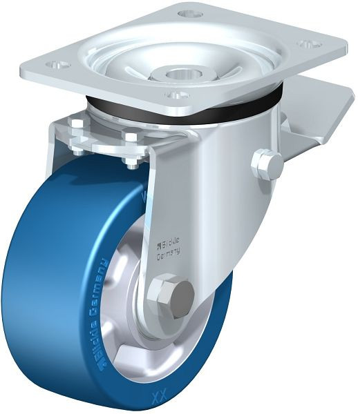 Blickle LK-ALBS 127K-ST Stahlblech-Lenkrolle, schwere Ausführung, mit Anschraubplatte & Feststeller, Blickle Besthane® Soft, Blau, 852445