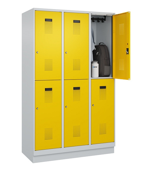 C+P Doppelstöckiger Spind Evolo PLUS, mit Sockel, 6 Fächer, 1950x1200x500mm, 703, Frontfarbe RAL 1023 Verkehrsgelb, Zylinderschloss, 049320-32 S10028