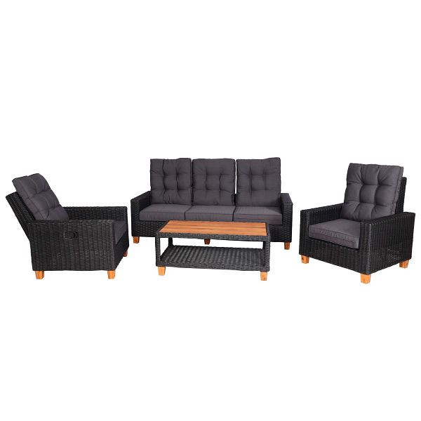 Mendler Gartengarnitur HWC-G28, Sitzgruppe Lounge-Set, Akazie Holz halbrundes Rattan verstellbar FSC, anthrazit, Kissen grau, 71187+71188