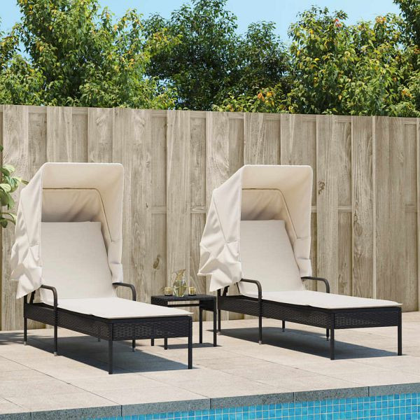 vidaXL Sonnenliegen 2 Stück mit Dach und Tisch Schwarz Poly-Rattan, 3261569