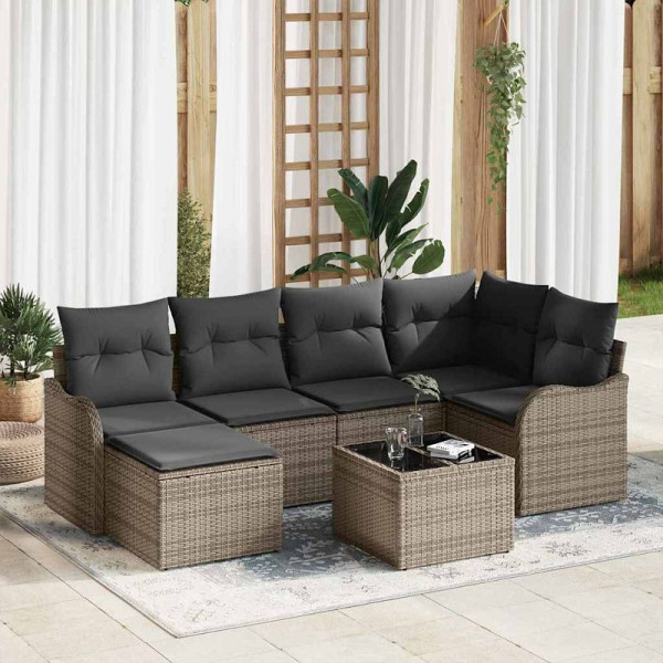 vidaXL Garten-Sofa-Set mit Kissen, 7er Set, Grau Poly Rattan, 3345779