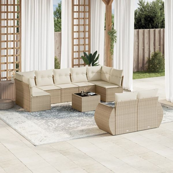 vidaXL 10-teilig Garten-Sofagarnitur mit Kissen Beige Poly Rattan, 3254165
