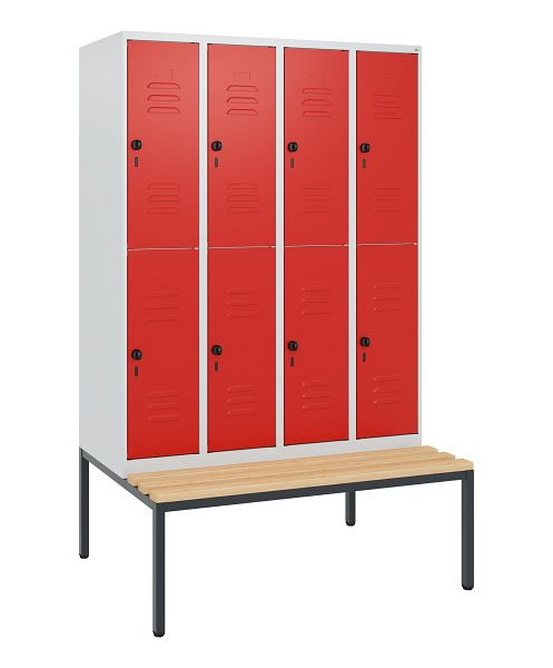 C+P Doppelstöckiger Spind Classic PLUS, 4 Abteile, 1950x1200x815mm, 7035/3020, Drehriegel, Buche-Sitzleisten, mit untergebauter Sitzbank, 0803505-40 S10002