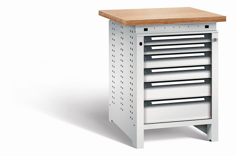 Otto Kind Werkbank Serie function Typ 110, Multiplexplatte, überstehend, 6 Schubladen, mit Zentralverschluss, komplett RAL 7035, 072327217