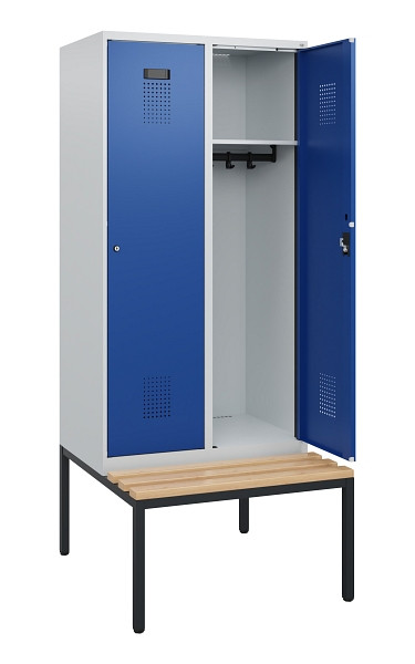 C+P Spind Evolo PLUS, 2 Abteile, 1950x800x815mm, 7035/5010, Zylinderschloss, Sitzfläche Buche-Hartholz, Sitzbank, 0490505-22 S10029