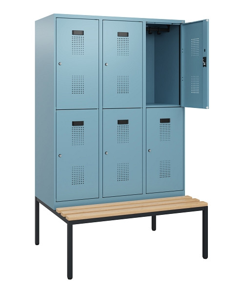 C+P Doppelstöckiger Spind Evolo PLUS, Bank, 6 Fächer, 1950x1200x815mm, 0010/0010, Zylinderschloss, Sitzfläche Buche-Hartholz, Sitzbank, 0493505-32 S10058