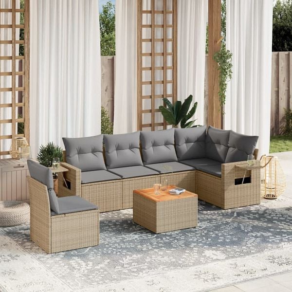 vidaXL 7-teilig Garten-Sofagarnitur mit Kissen Beige Poly Rattan, 3224589
