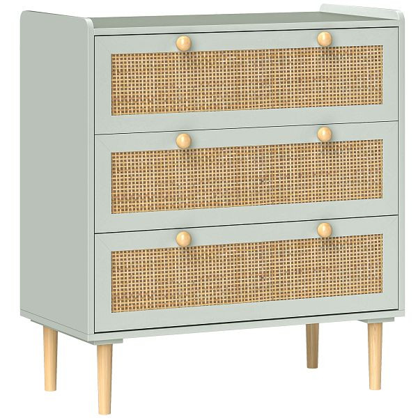 HOMCOM Schlafzimmer-Kommode mit 3 Schubladen, Rattan-Fronten, Kleiderkommode für Flur, Eingangsbereich, MDF, Grün, 831-942V90LB