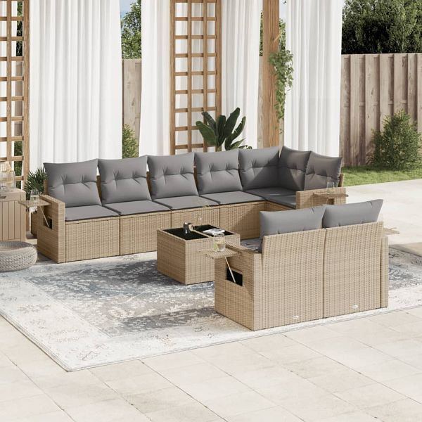vidaXL 9-teilig Garten-Sofagarnitur mit Kissen Beige Poly Rattan, 3220428