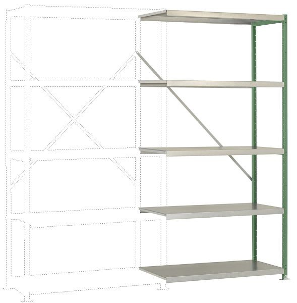 Manuflex Mittelschweres Fachboden-Steckregal Anbauregal mit 5 Stahlböden, HxBxT = 2000 x 1000 x 600 mm, resedagrün, RP1120.6011