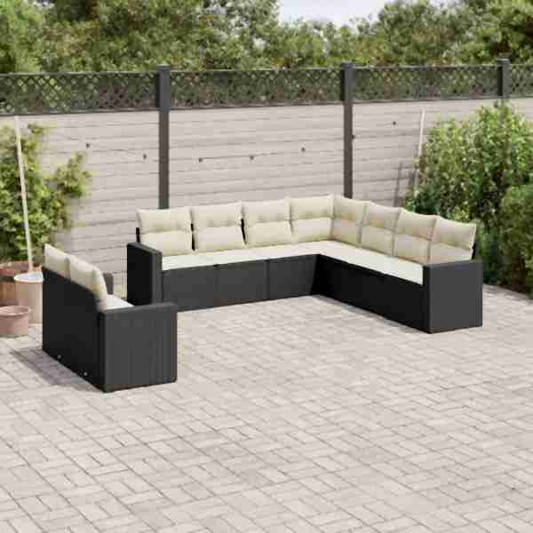 vidaXL 9-tlg. Garten-Sofagarnitur mit Kissen Schwarz Poly Rattan, UV-beständig, 3251483