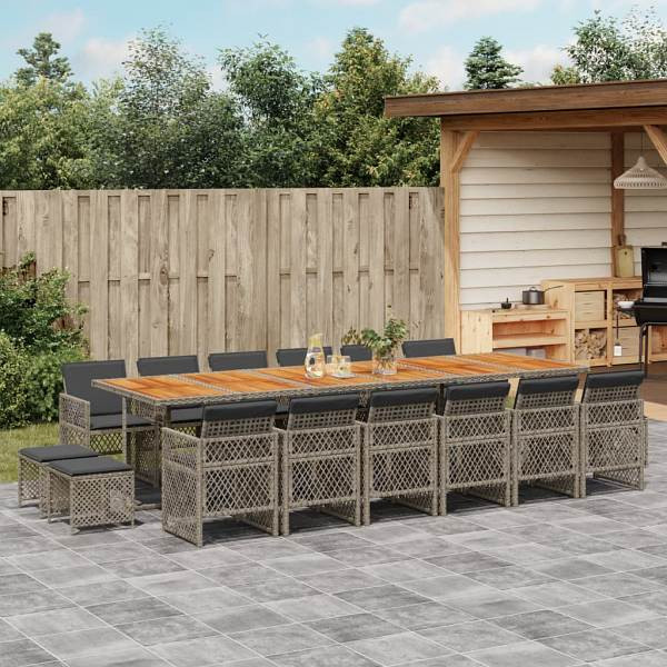 vidaXL 17-tlg. Garten-Essgruppe mit Kissen Grau Poly Rattan, UV-beständig, 3210830