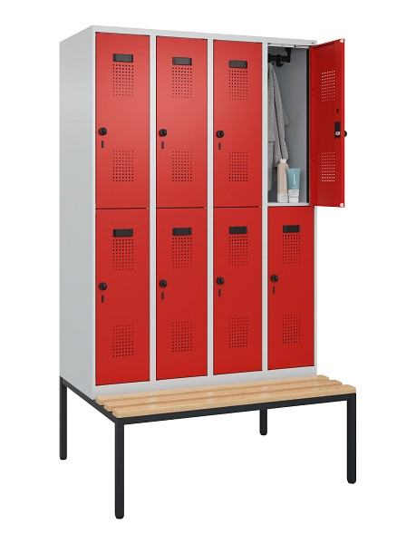 C+P Doppelstock-Spind Evolo PLUS, Bank, 8 Fächer, 2120x1200x815mm, 7035/3020, Drehriegel, Sitzfläche Buche-Hartholz, Sitzbank, 0493507-40 S10005