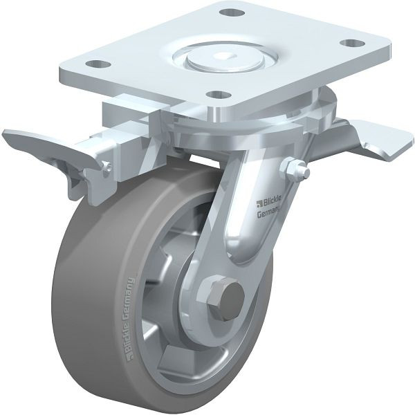 Blickle LO-ALEV 127K-ST-SG-RI4 Stahlgeschweißte Schwerlast-Lenkrolle mit Feststeller, Elastik-Vollgummi, Grau, 852052