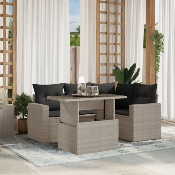 vidaXL 5-tlg. Garten-Sofagarnitur mit Kissen Hellgrau Poly Rattan, 3267252