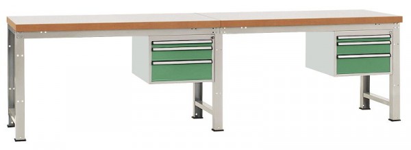 Manuflex Komplett-Werkbank Grund- und Anbau PROFI Standard mit Kunststoff-Platte, BxTxH = 3000 x 700 x 840 mm, Resedagrün, WP5567.6011